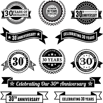 thirty year anniversary vector badge set royalty free vector background. This image depicts multiple anniversary announcement designs on simple white background. The anniversary announcements look authentic and elegant. There are several designs of bages and insignia elements as well as banner ribbons. The designs are black.
