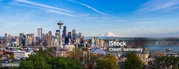 Seattle Downtown Skyline And Mt Rainier Washington Stock Photo - Download Image Now