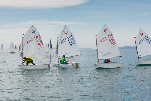 Chonburi, Thailand - May 1, 2015: all competitor boats set sail in Top of the Gulf Regatta event at Jomtien beach Pataya May 01, 2015