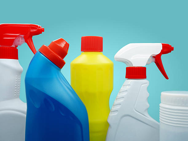 Closeup of brand-stripped cleaning products Cleaning Products bleach stock pictures, royalty-free photos & images