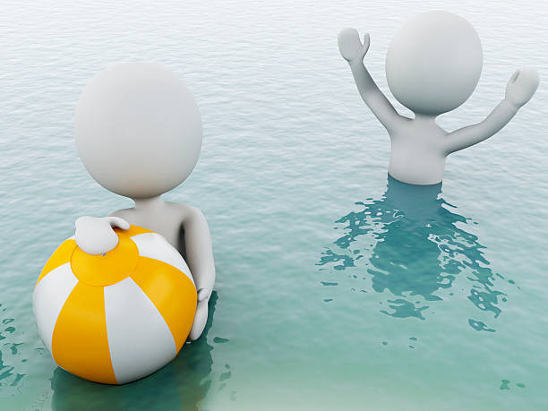 istock 3d white people with beach ball in water. 474082902