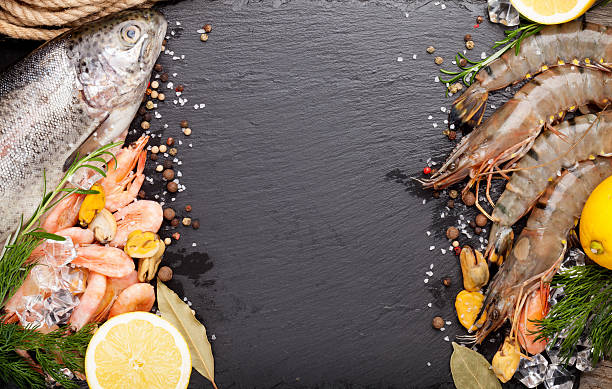 istock Fresh raw sea food with spices 474083682