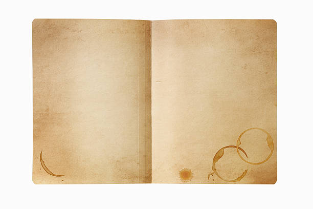 grunge manila folder with coffee stains, isolated on white. - akte envelop stockfoto's en -beelden