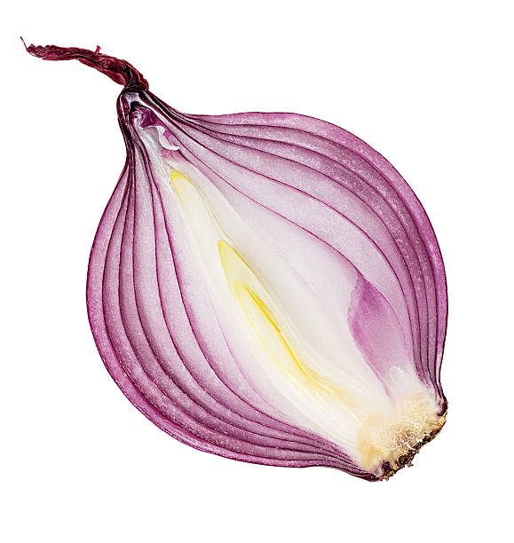 istock Red sliced onion isolated on white background 474085202