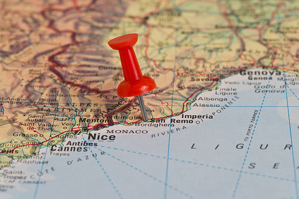 San Remo Marked With Red Pushpin on Map San Remo marked with red pushpin on map. Selected focus on San Remo and pushpin. Pushpin is in an angle. san remo italy photos stock pictures, royalty-free photos & images