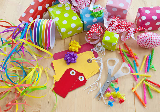 istock Colorful gift boxes wrapped in dotted paper 474088475