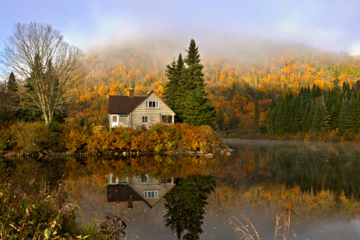 Scenic photography of lake side cabin