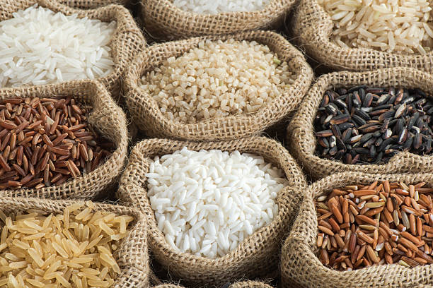 istock Group of organics rice in burlap bag 474100012