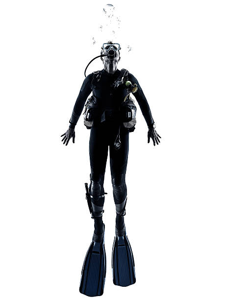one caucasian scuba diver diving man  in studio  silhouette isolated on white background