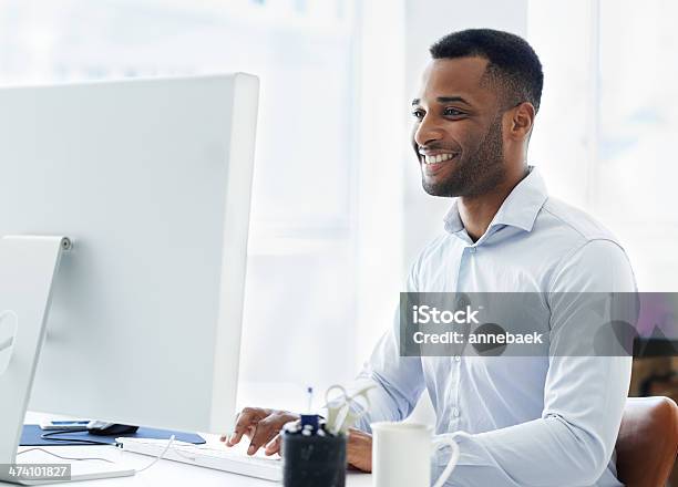 Man Enjoying His Work With Computer Screen Stock Photo - Download Image Now - African Ethnicity, Businessman, White Background