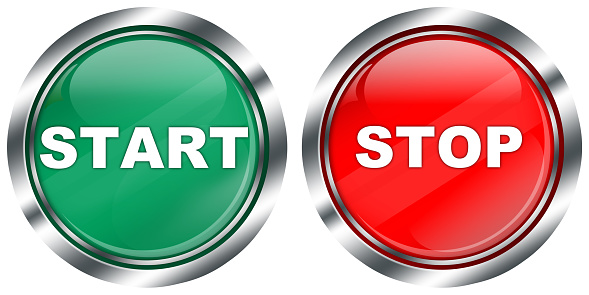 green start and red stop button with metallic effect border and reflections, illustatration, white background,