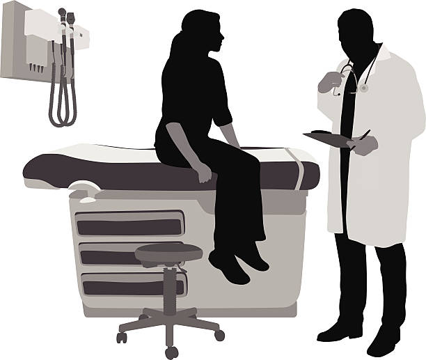 Medical History A vector silhouette illustration of a doctor reviewing a patient's symptoms with her. medicine silhouettes stock illustrations