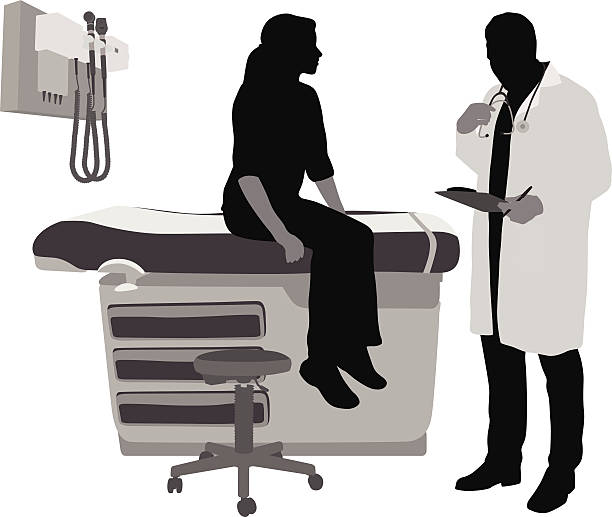 Medical History A vector silhouette illustration of a doctor reviewing a patient's symptoms with her. cartoon of medical records stock illustrations