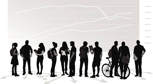 Cost Of Studies A vector silhouette illustration of students standing on arrows in front of a graph. adolescence stock illustrations