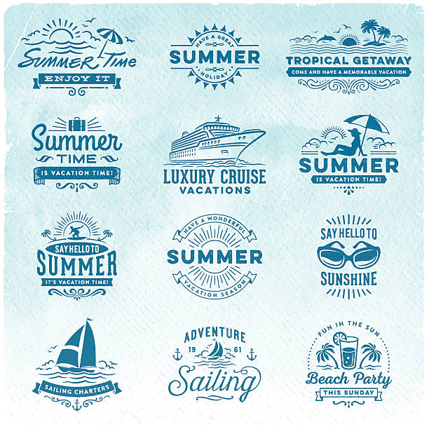 ilustrações, clipart, desenhos animados e ícones de férias de verão, surfar, velejar, praia as placas e emblemas - wave island palm tree sea