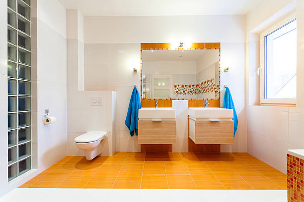 istock Two big sinks and mirror at family bathroom 474108435