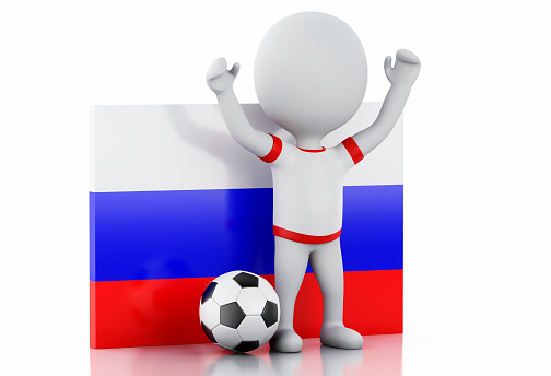 3d illustration. White people with Russia flag and soccer ball. Isolated white background