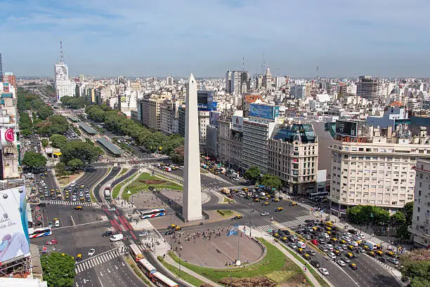 High angle view of the Avenida 9 de Julio in the city center of Buenos Aires. In the front stands the Obelisk.