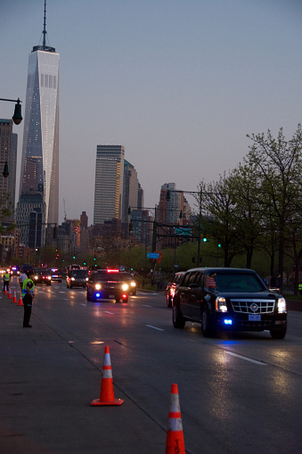 New York, USA - May 4, 2015: Presidential limo Barack Obama traveling in motorcade in New York