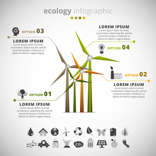 ilustraciones, imágenes clip art, dibujos animados e iconos de stock de ecología infografía - wind turbine motion alternative energy wind power