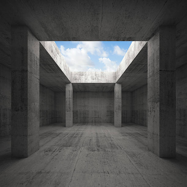 istock 3d illustration, dark concrete room interior 474117328
