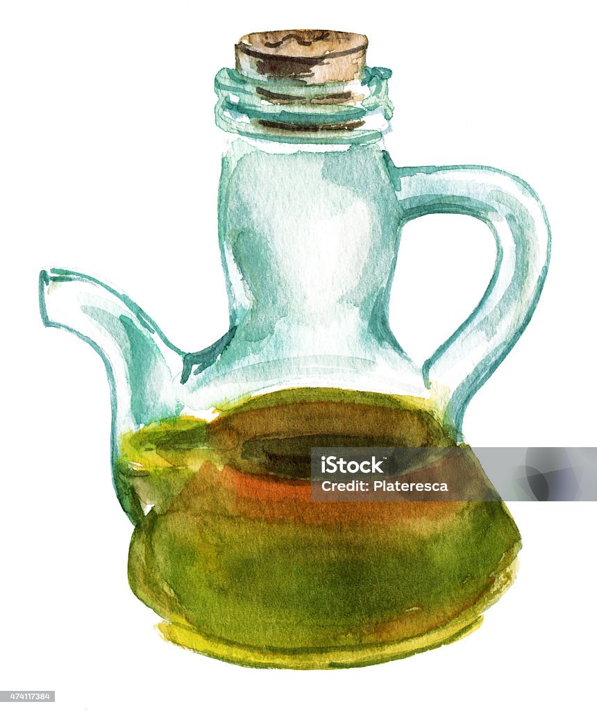 Watercolour bottle of extra virgin olive oil on white background A watercolour drawing of a bottle of extra virgin olive oil on white background 2015 stock illustration
