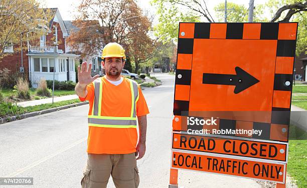 Road Closed Local Traffic Only Stock Photo - Download Image Now - Gesturing, Stop Sign, Work Helmet