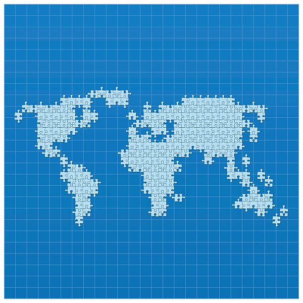 ilustraciones, imágenes clip art, dibujos animados e iconos de stock de mapa de mundo azul hecho de rompecabezas de piezas en cianotipo - asia jigsaw puzzle map cartography