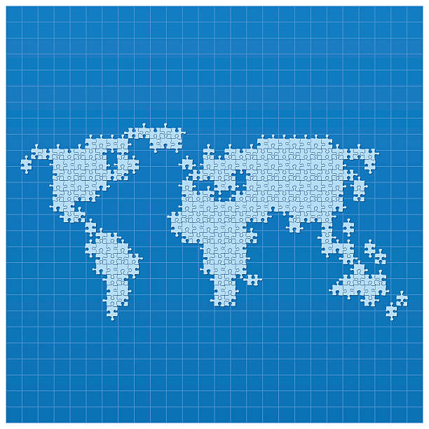 illustrations, cliparts, dessins animés et icônes de carte du monde bleu fait de pièces de puzzle sur plan d'architecte - asia jigsaw puzzle map cartography