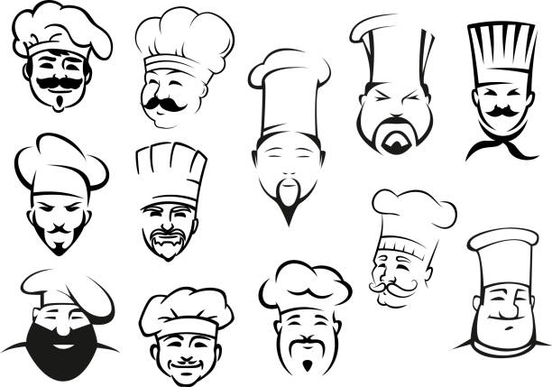 ilustraciones, imágenes clip art, dibujos animados e iconos de stock de europea, estadounidense y asiática chefs en toques - chef italian culture isolated french culture