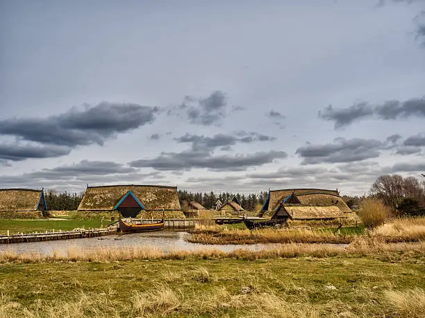 Viking harbor with longboats in Bork, Denmark