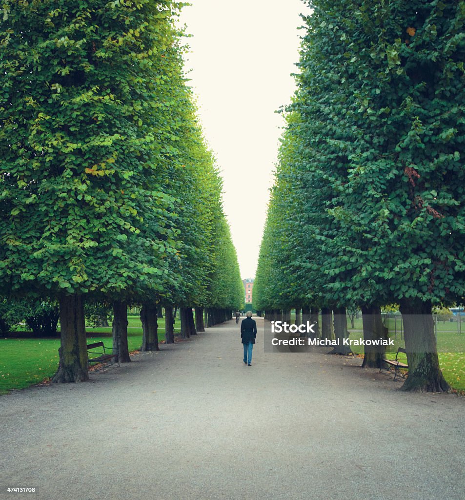 Woman walking in park in Copenhagen Triangle Shape Stock Photo