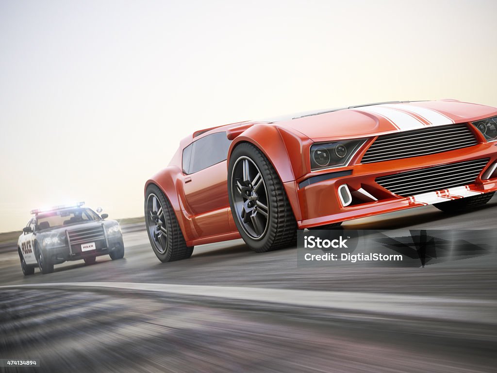 The chase. Police car chasing of an exotic sports car with motion blur. Generic custom photo realistic 3d rendering. Pursuit - Concept Stock Photo