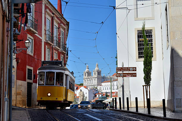 istock Lisbon: Yellow Tramway and Church Over a Hill 474135742