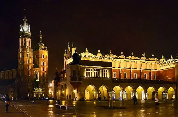 Mainsquare in Krakow, Poland with the Church of our lady and the cloth halls