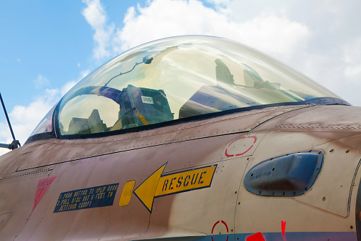 RAMAT DAVID, ISRAEL - APRIL 23: Closeup on the cockpit of  F-16 fighter at the exhibition for Israeli Independence Day on April 23, 2015