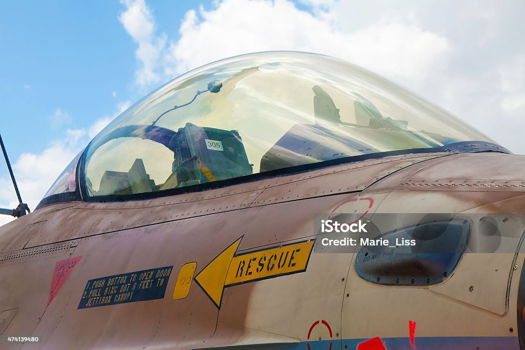 Closeup on the cockpit of F-16 RAMAT DAVID, ISRAEL - APRIL 23: Closeup on the cockpit of  F-16 fighter at the exhibition for Israeli Independence Day on April 23, 2015 2015 Stock Photo