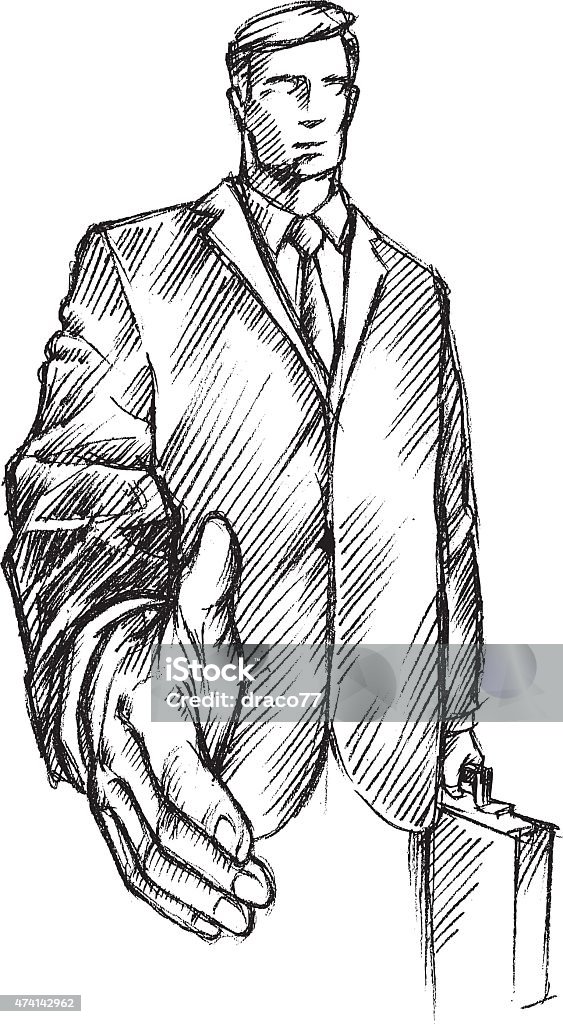 Businessman extending for a Handshake Corporate Sketch drawing isolated on white background Diminishing Perspective stock vector