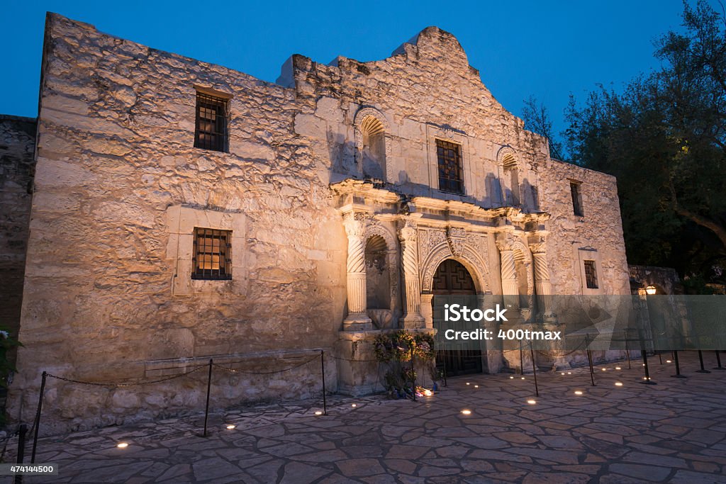 Alamo The famous Alamo illuminated at twilight. 2015 Stock Photo