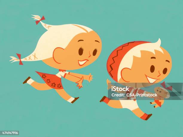 Girl Chasing Boy With Doll Stock Illustration - Download Image Now - 2015, Activity, Blue Background