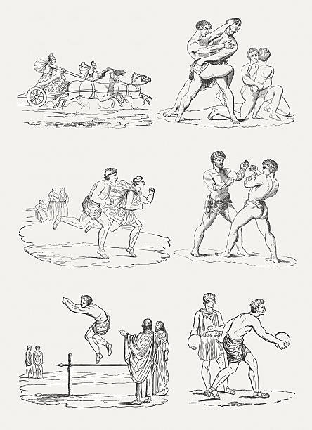 Sports disciplines of the Ancient Olympic Games Sports disciplines of the Ancient Olympic Games: Chariot race, Wrestling, Endurance Running, Boxing, Jumping, Discus throw. Wood engraving, published in 1864. ancient civilization photos stock illustrations
