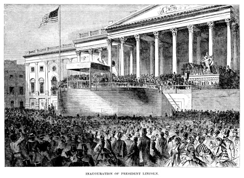 Antique engraved image of Abraham Lincoln's presidential inauguration.