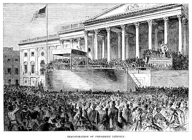 Lincoln's Inauguration - Antique Illustration Antique engraved image of Abraham Lincoln's presidential inauguration. inauguration into office photos stock illustrations