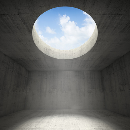 Abstract empty dark concrete 3d illustration interior background with sky light going through the round hole in a ceiling