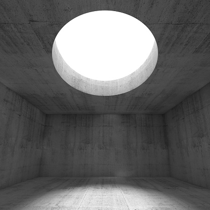 Abstract empty dark concrete 3d illustration interior background with light going through the round hole in a ceiling