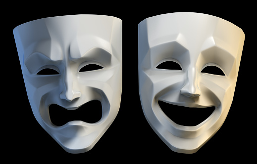 Tragedy and comedy grotesque masks. 3D rendered image isolated on black background.