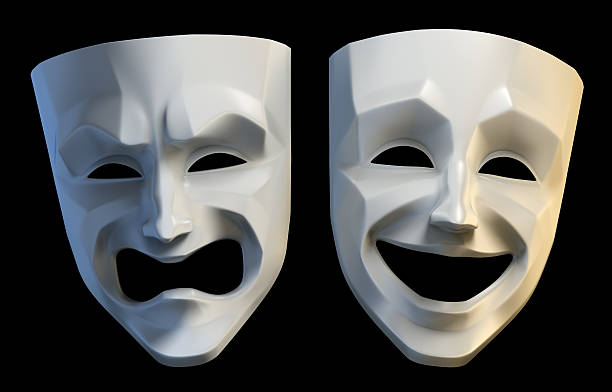 Tragicomic Theater Masks Tragedy and comedy grotesque masks. 3D rendered image isolated on black background. comedian photos stock pictures, royalty-free photos & images