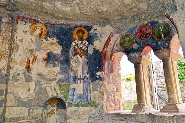 Old fresco on the wall of St Nicholas church, Demre. Antalya. Turkey.