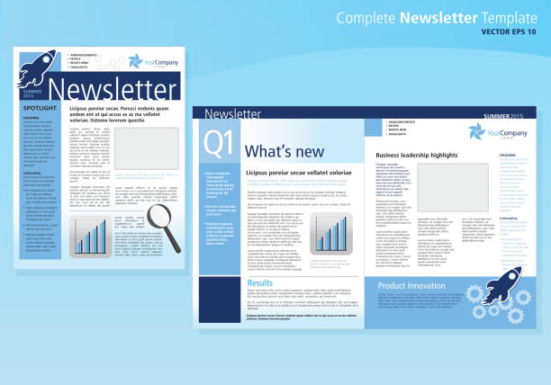 Company business newsletter cover and inside layout design flyer template Vector illustration of a company business newsletter design template with sample text layout mast head, headings, sub headings body text, and design elements. Blue palette. Design elements include blank photo area, gears, retro rocket, bar graph and magnifying glass, texture and color theme. Download includes Illustrator 10 eps with transparencies, high resolution jpg and png file. newsletter template stock illustrations