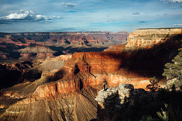 hiker на краю скалы гранд каньон в штате аризона. - side view southwest usa horizontal sun стоковые фото и изображения